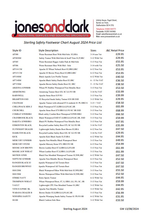 Sterling Safety Footwear Chart Price List August 2024